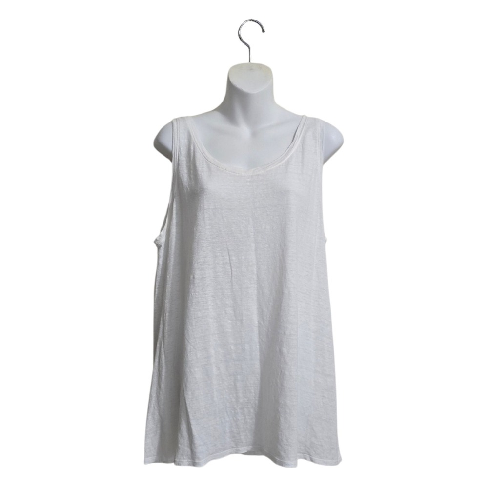 Eileen Fisher Scoop Neck System Organic Linen Jersey Long Tank In White Sz L